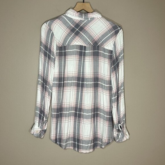 Women's L Thread & Supply Kandice Soft Classic Plaid Pink Gray Button Down - Picture 3 of 7